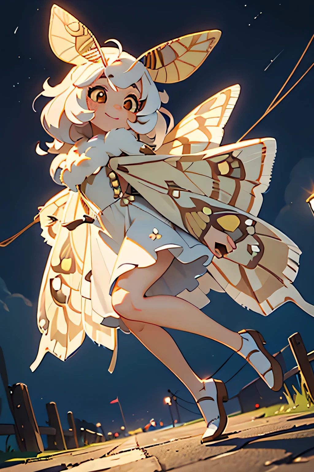 solo,1woman\(cute,kawaii,,skin color white,short white hair,(big moth wing hair:1.7),white dress\(beautiful race\),(2moth antennaes at hair:1.8),smile,[moth wing on back:2.0],[moth wing on body:2.0],[moth wings:2.0],[extra arm],moth wing is only at hair,breast,dynamic pose\),background\(night,moon,((beautiful street light))\), BREAK ,quality\(8k,wallpaper of extremely detailed CG unit, ​masterpiece,hight resolution,top-quality,top-quality real texture skin,hyper realisitic,increase the resolution,RAW photos,best qualtiy,highly detailed,the wallpaper,cinematic lighting,ray trace,golden ratio,\),full body,looking away