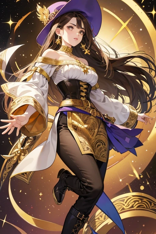 woman with olive skin, long dark brown hair, brown eyes, and purple circles around her eyes. She dresses a black paisley vest with gold designs on it, a white off-the-shoulder peasant shirt with long sleeves, a busty black corset with a gold trim, and both matching pants and knee-high boots with heels. Angelica also wears a black belt with a gold designed buckle, a matching hat with band, thick gold square outlined buckle, and large fluffy beige feather on it, a silver ring, and gold cross necklace. SPARKLE; GLITTER