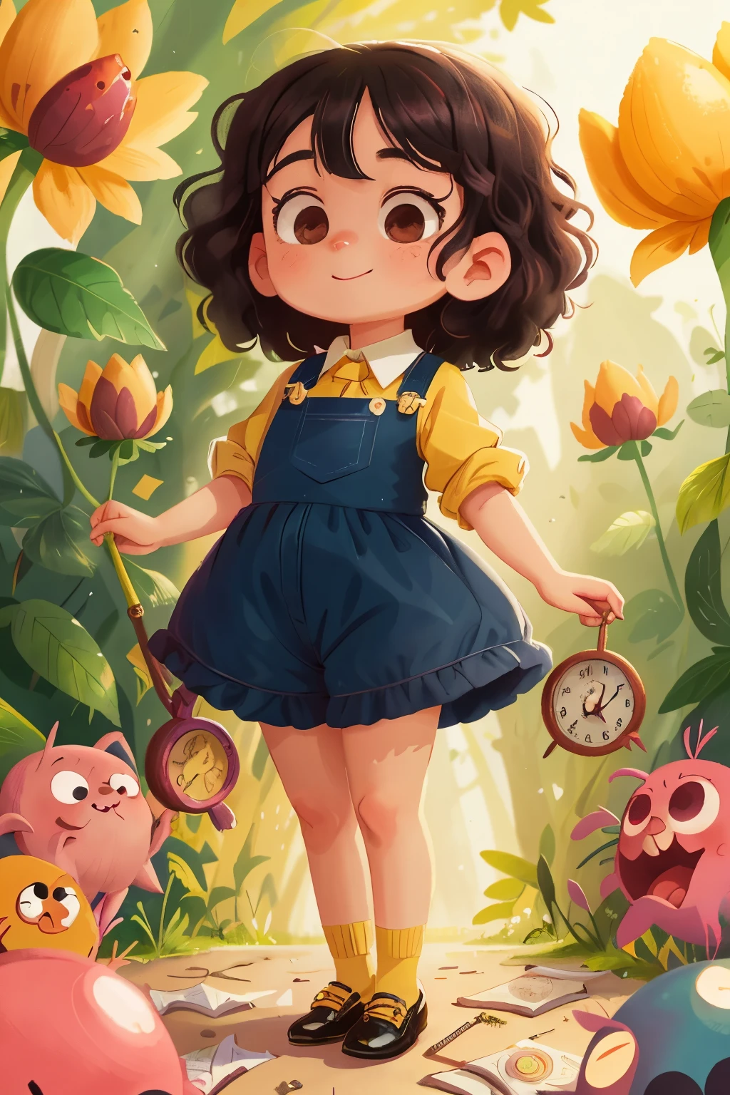 A charming young girl with large, luminous eyes and a rosy, fleshy face grins mischievously, her  cherry mouth forming a small, playful smile. Her black curls cascade around her shoulders, framing her cherubic features. She is dressed in a yellow baby-collared shirt with white suit pants, the fabric of which is crisp and clean. Her small black leather shoes complete the outfit, freshly polished and ready for an adventure. Her countenance brightens even further as she gazes upon a pile of coins, the sparkle in her eyes reflecting her insatiable fascination with money. The entire scene is rendered in a delightful,