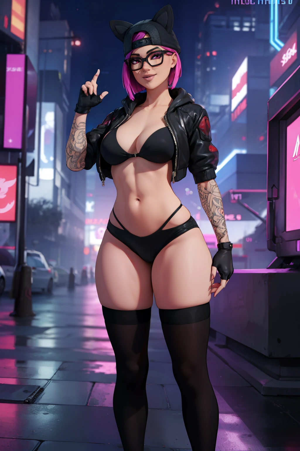 (masterpiece), (best quality), standing, (solo), looking the viewer, cyberpunk, high detailed,extremely detailed,shorts with black stockings,pink bikini, fine eyes, smile,dynamic pose, short pink hair,cap,fingerless glove,glasses.