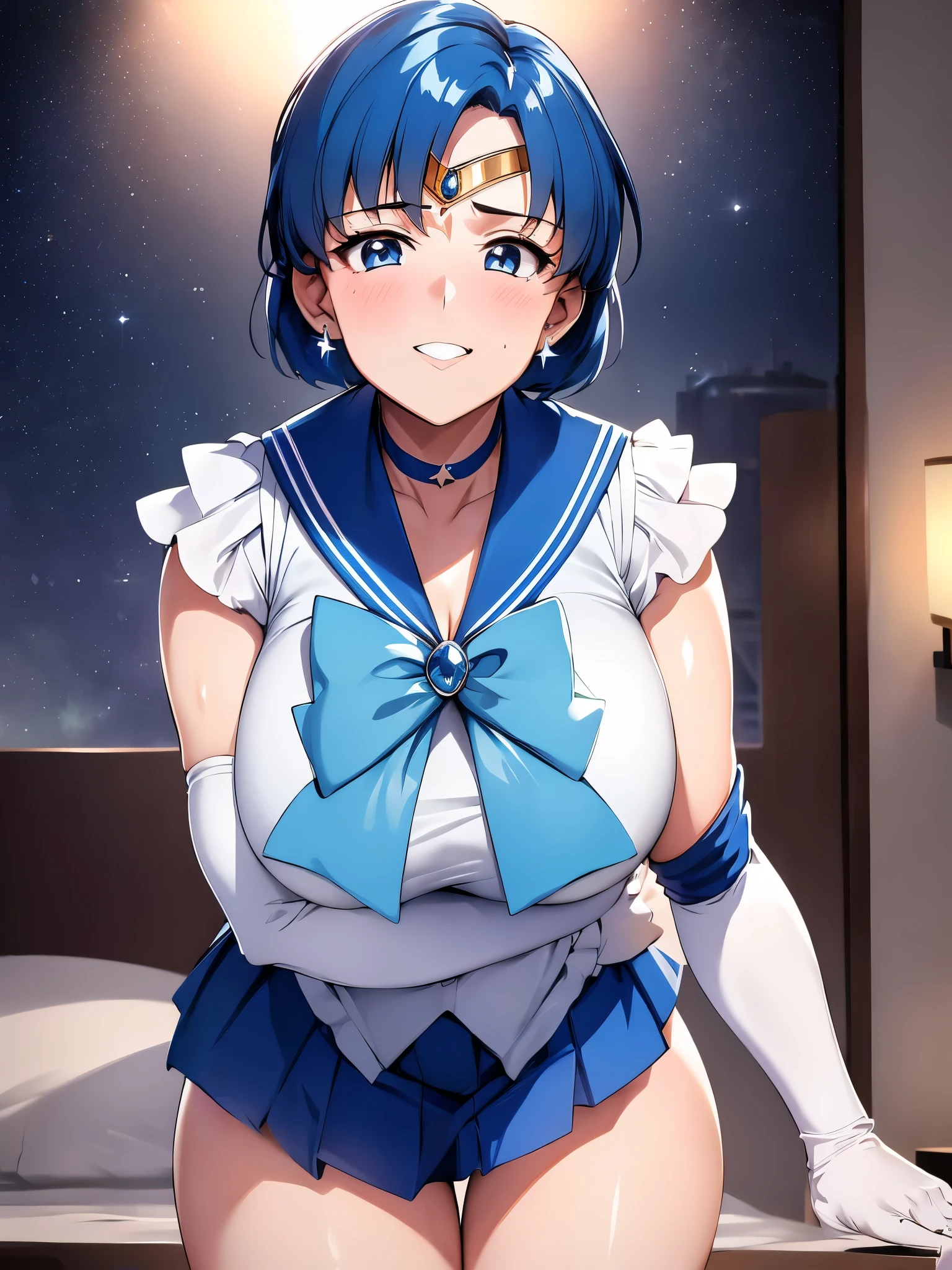 (only, One girl), (Disorganized, High resolution, formula wallpaper, Poster), (masterpiece, Best Quality:1.2), (figure, Realist), (Perfect details, Most detailed, Very detailed), Dramatic Light, AmiMizuno, (Sailor Mercury, Neckband, Blue Hair, short hair, ring, gem, Half moon earrings), (city, Starry Sky), (White thighs, ,Captivating smile, blush, Are standing) (dress, skirt), Huge breasts, blush, On the bed