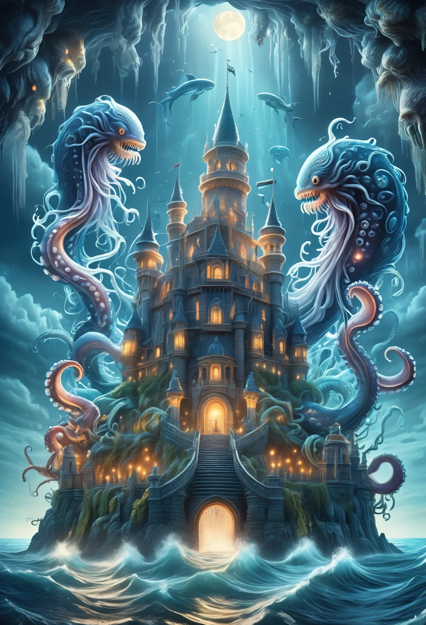 (best quality,8k,ultra-detailed:1.2),dark castle in motion,sea monster,sea monster holding up the castle,tentacles of the sea monster,octopus tentacles,night,moonlight,rising sea,astonishing,mysterious,((viewing from bottom to top)),digital art,official art aesthetics,vivid colors,more detailed information,exquisitely detailed