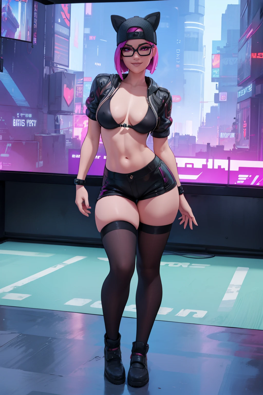 (masterpiece), (best quality), standing, (solo), looking the viewer, cyberpunk, high detailed,extremely detailed,shorts with black stockings,pink bikini, fine eyes, smile,dynamic pose, short pink hair,cap,fingerless glove,glasses.