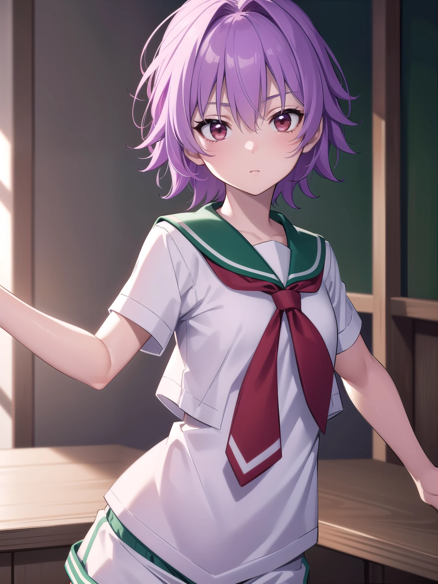 kantairight, right, Hair between the eyes, Purple Hair, short hair, (Red eyes:1.5),
break , serafuku, Sailor collar, green Sailor collar, shirt, white shirt, Short sleeve, tie, red tie, Shorts, white Shorts,
break looking at viewer, whole body,
break indoors, classroom,
break (masterpiece:1.2), highest quality, High resolution, unity 8k wallpaper, (figure:0.8), (Beautiful fine details:1.6), Highly detailed face, Perfect lighting, Highly detailed CG, (Perfect hands, Perfect Anatomy),
