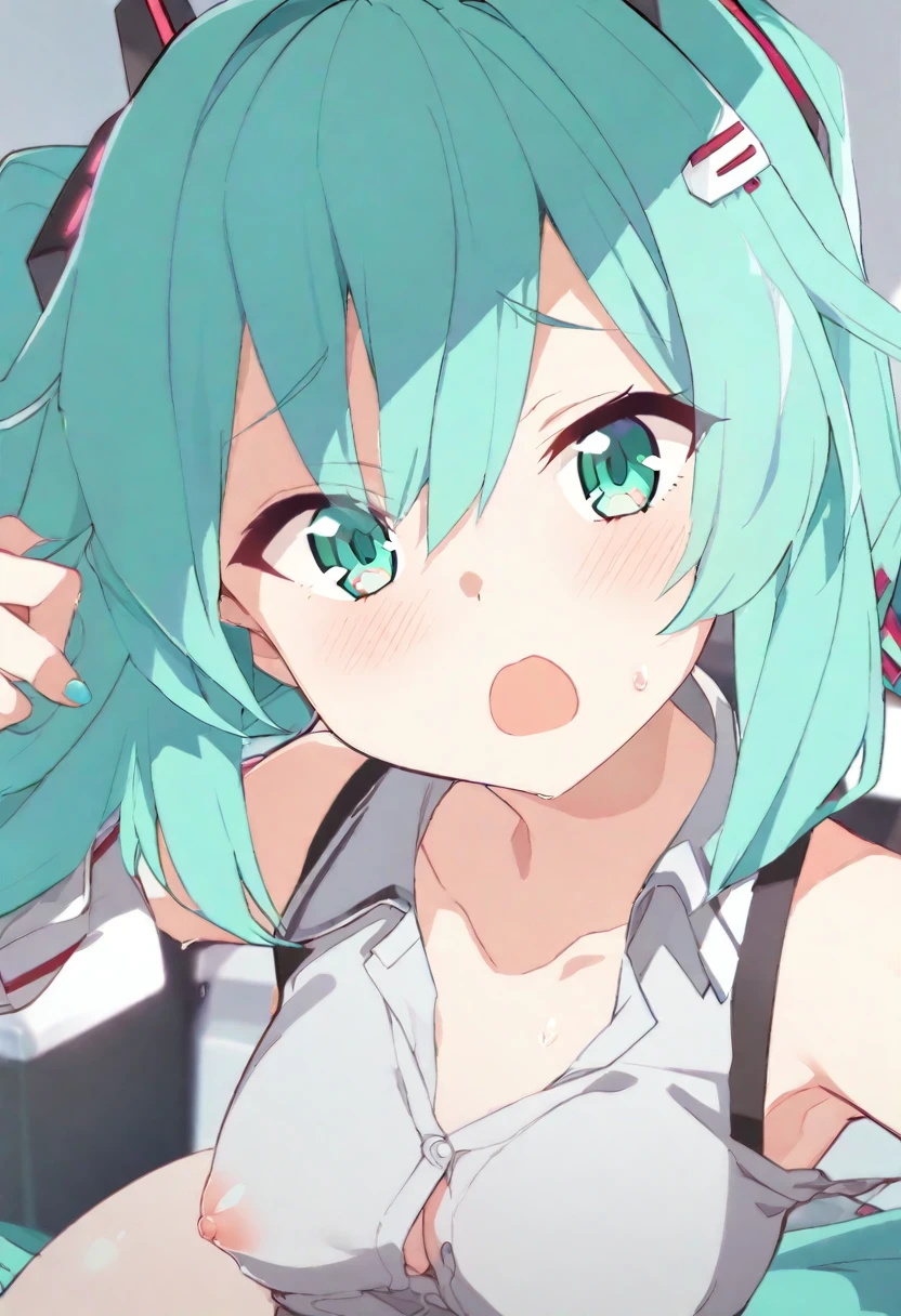 hatsune_miku highres 1girl aqua_eyes aqua_hair aqua_nails bare_shoulders blush breasts collarbone collared_shirt detached_sleeves grey_shirt long_hair looking_at_viewer navel no_bra open_clothes open_mouth open_shirt shirt sleeveless sleeveless_shirt small_breasts solo sweatdrop twintails upper_body covered_nipples