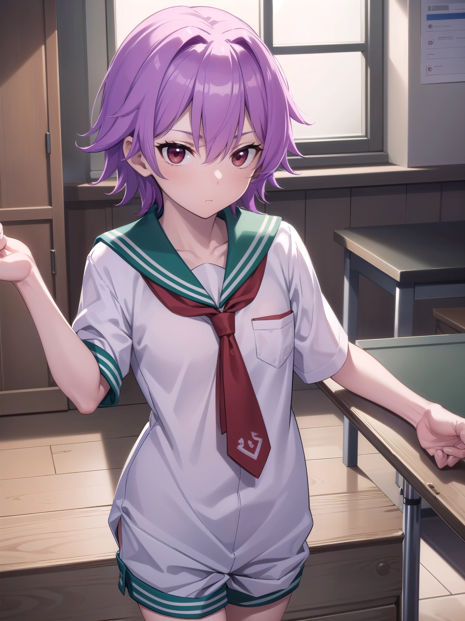 kantairight, right, Hair between the eyes, Purple Hair, short hair, (Red eyes:1.5),
break , serafuku, Sailor collar, green Sailor collar, shirt, white shirt, Short sleeve, tie, red tie, Shorts, white Shorts,
break looking at viewer, whole body,
break indoors, classroom,
break (masterpiece:1.2), highest quality, High resolution, unity 8k wallpaper, (figure:0.8), (Beautiful fine details:1.6), Highly detailed face, Perfect lighting, Highly detailed CG, (Perfect hands, Perfect Anatomy),