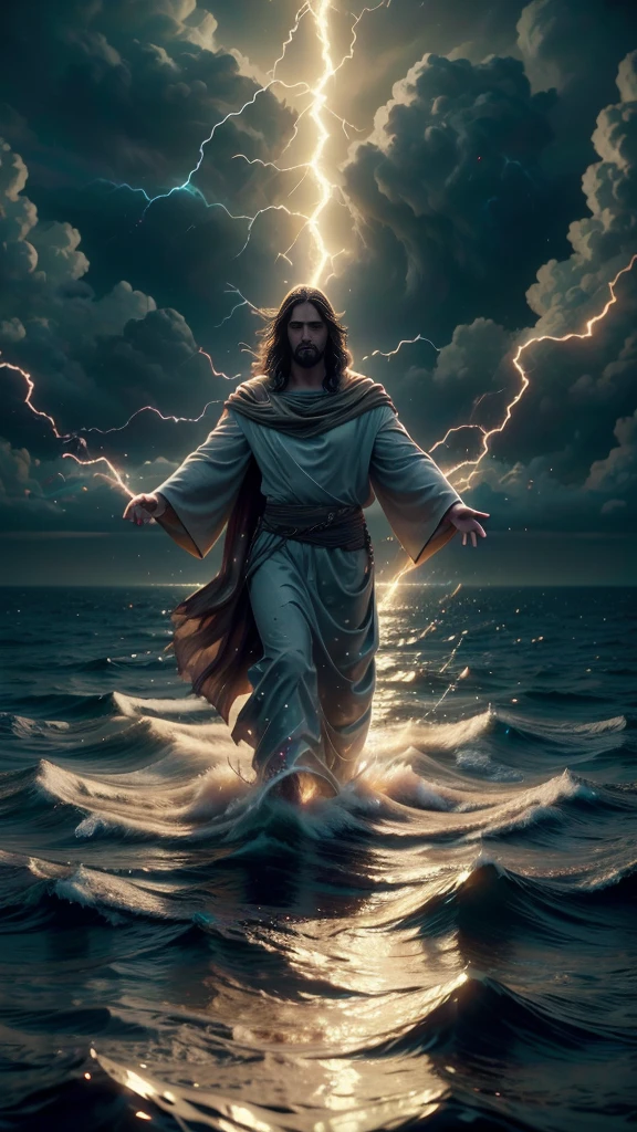 Jesus Christ walking on the water, ocean, furipus waves, striking an imposing pose radiating power and authority, surrounded by crackling lightning representing a superpower, his commanding presence dominating the scene, perfect composition, beautiful, detailed, intricate, insanely detailed octane render, trending on ArtStation, 8K resolution, captivating photorealistic concept art, bathed in soft, natural, volumetric, cinematic lighting, chiaroscuro effects reminiscent of an award
