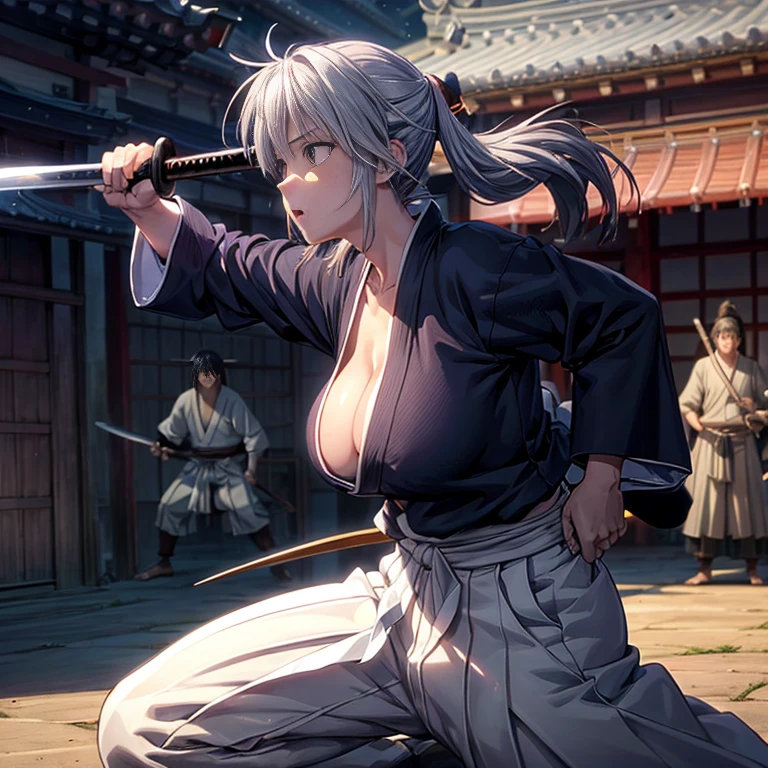 beautiful girl、Moonlit Night、Temple、Camel Toe、Giant tit、Nipple Puffs、Cleavage、Plump、Super big breasts、Super big butt、Rurouni Kenshin、Japanese sword、Draw your sword、Silver Hair、samurai、Swordsman、Haori、Hakama、moment、Afterimage、flash、assassination、Sword fighting
