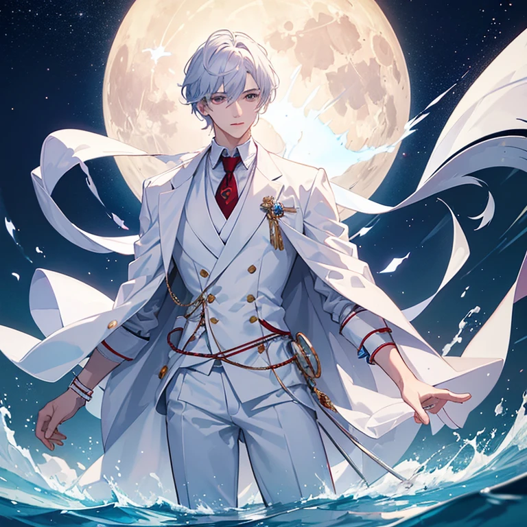 ((best quality)), ((masterpiece)), (detailed), high resolution, a young man who wear white coat with white pants, underneath his white coat he wear red button shirt and long blue ties around his neck. He have white hair and soft purple eyes. He stand afloat on the middle of a clear lake and the moon shine brightly beautifully from his behind him.