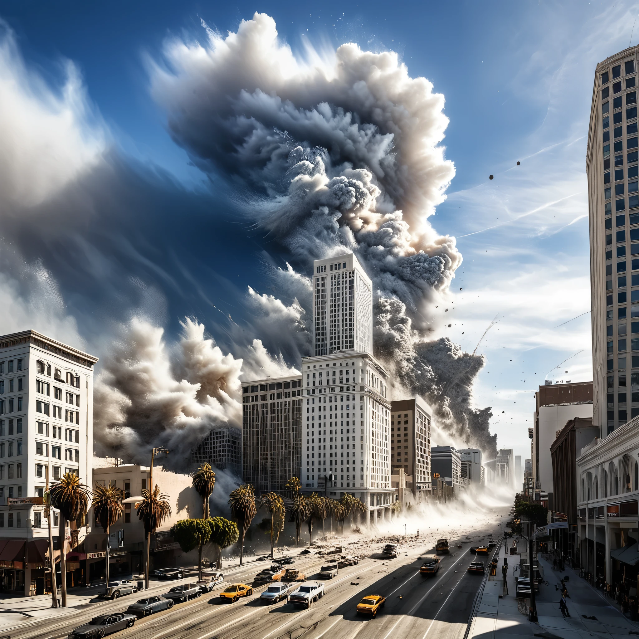 A hyper-realistic image capturing the intense moments of a massive earthquake striking Los Angeles, as cracks rip through the streets and skyscrapers crumble, sending clouds of dust billowing into the sky.