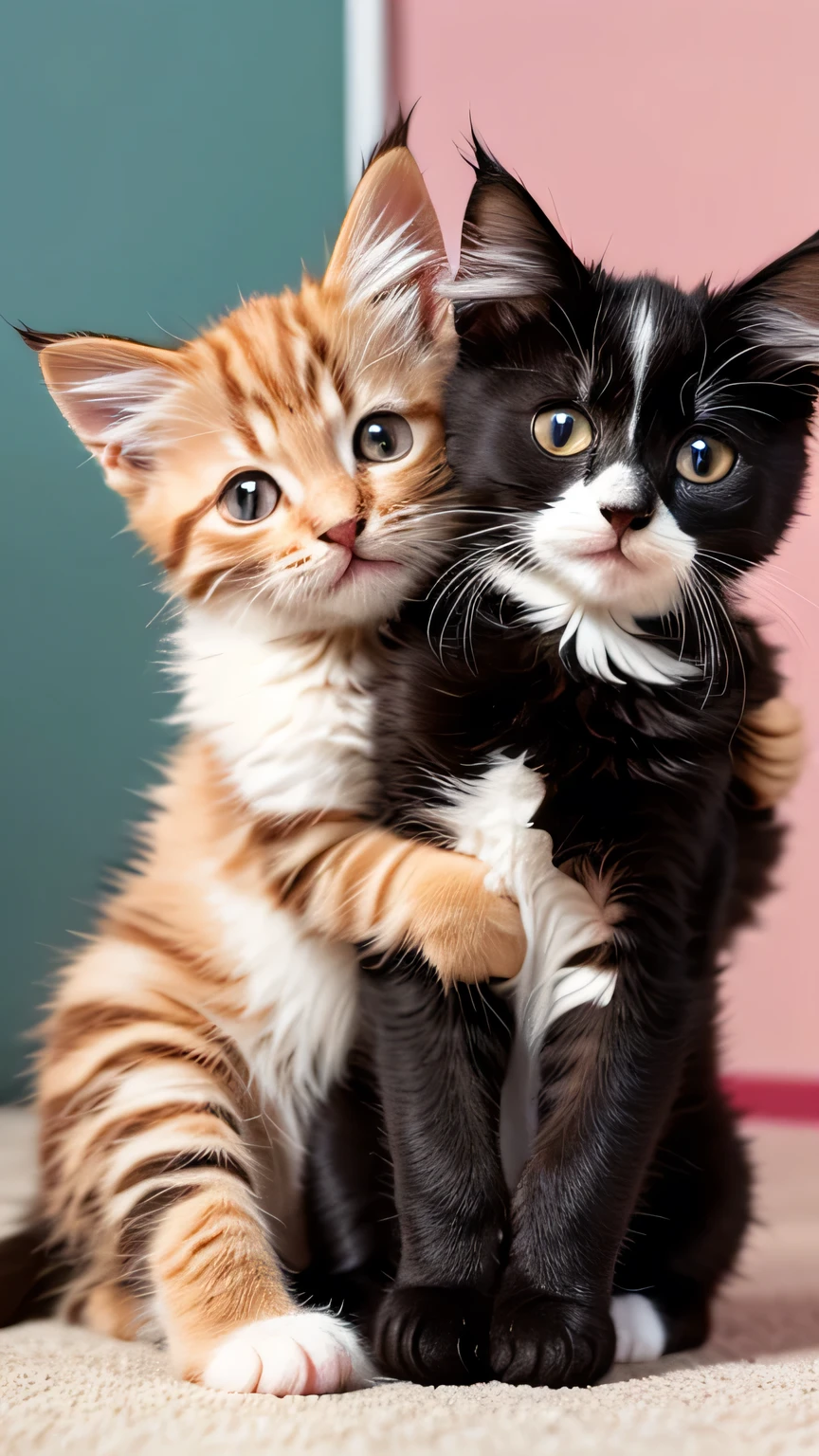 ２Two kittens hugging each other　fluffy　The cat fills the screen　Cupid&#39;s bow is placed　Cats are angels　On the bed　Highest quality　Photorealistic