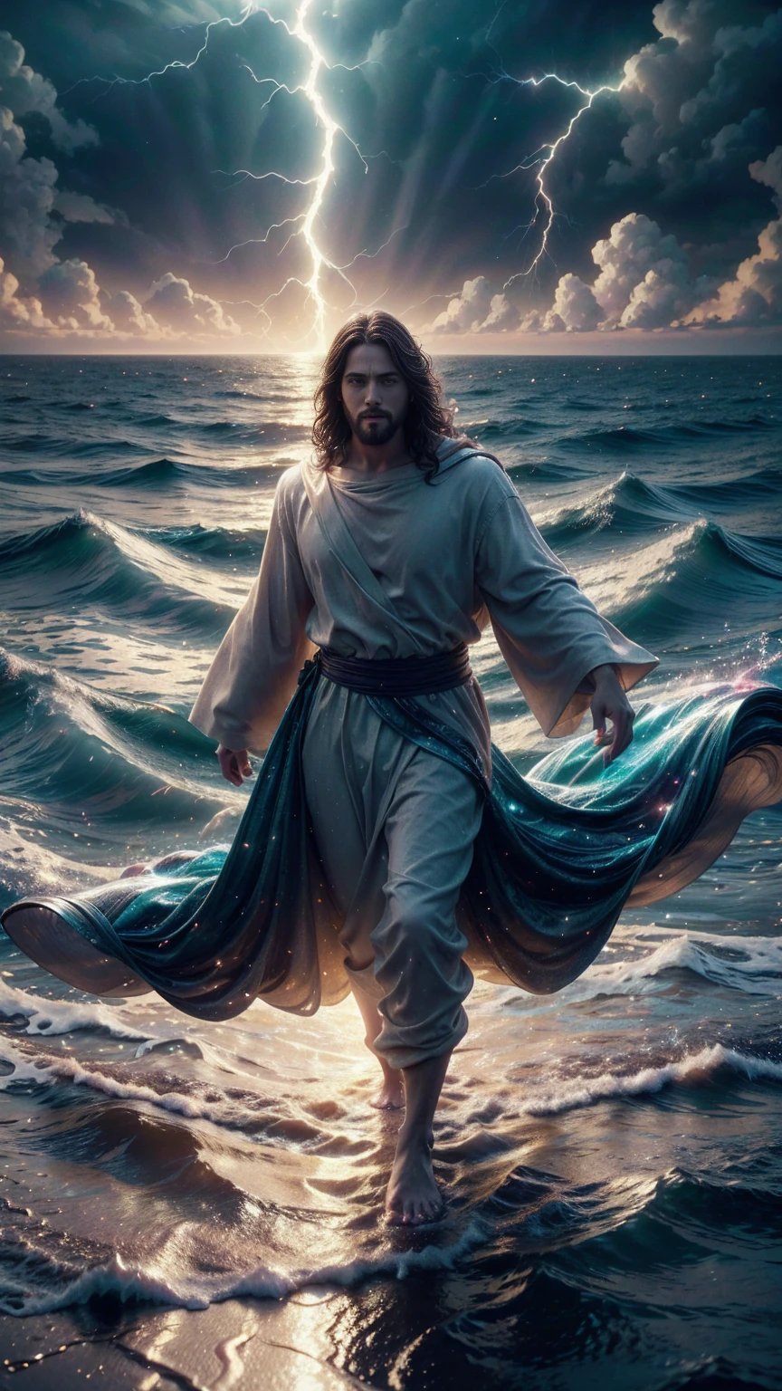 Jesus Christ walking on the water, ocean, furipus waves, striking an imposing pose radiating power and authority, surrounded by crackling lightning representing a superpower, his commanding presence dominating the scene, perfect composition, beautiful, detailed, intricate, insanely detailed octane render, trending on ArtStation, 8K resolution, captivating photorealistic concept art, bathed in soft, natural, volumetric, cinematic lighting, chiaroscuro effects reminiscent of an award