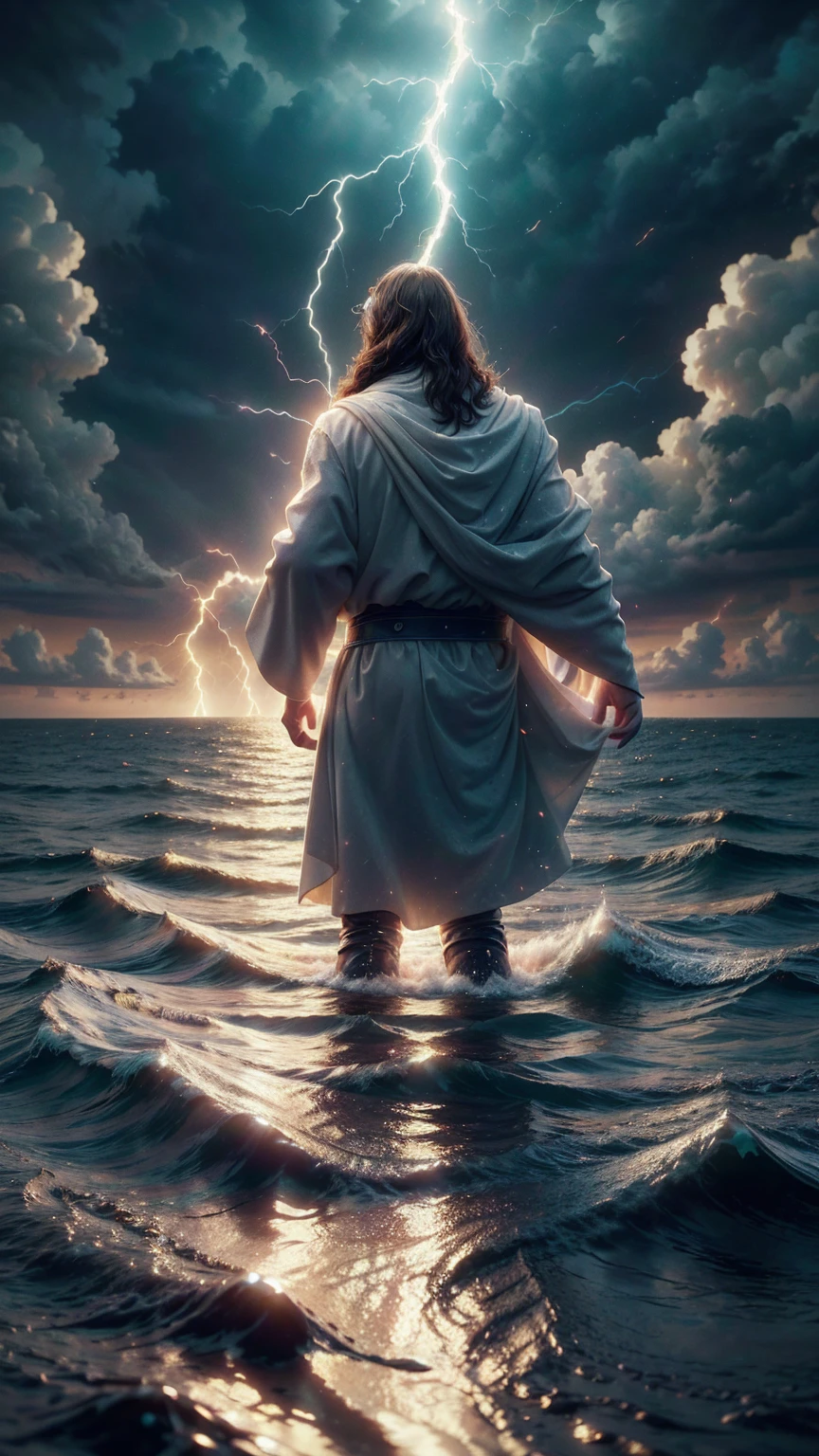 Jesus Christ walking on the water, ocean, furipus waves, striking an imposing pose radiating power and authority, surrounded by crackling lightning representing a superpower, his commanding presence dominating the scene, perfect composition, beautiful, detailed, intricate, insanely detailed octane render, trending on ArtStation, 8K resolution, captivating photorealistic concept art, bathed in soft, natural, volumetric, cinematic lighting, chiaroscuro effects reminiscent of an award