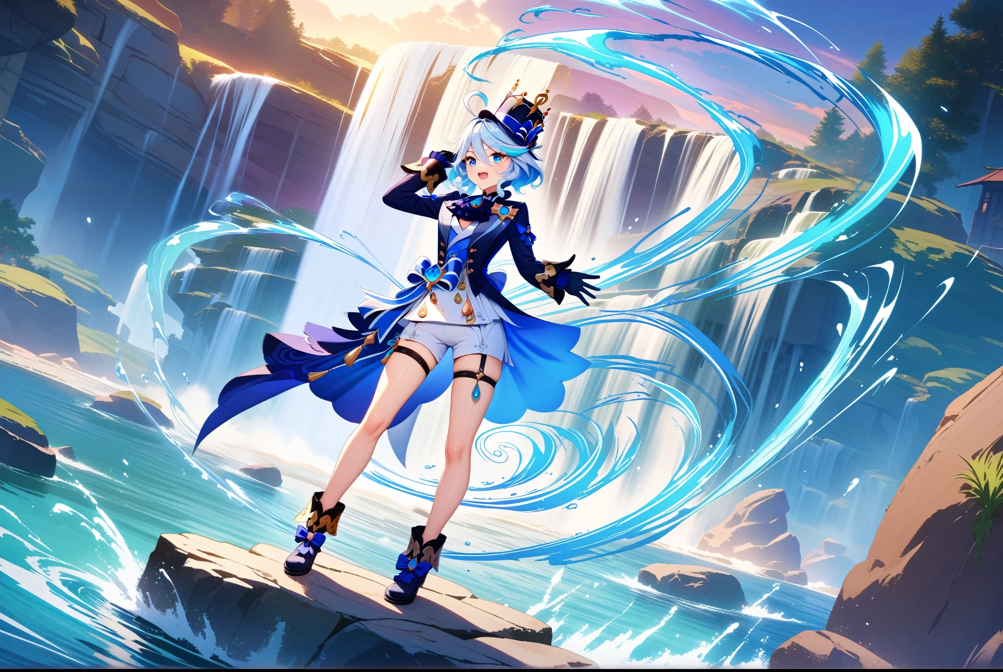 FURINA (Genshin Impact), heterochromia, hat, blue hair, blue eyes, ascot, brooch, long sleeves, jacket, blue bow, gloves, white shorts, thigh strap,

(standing on rocky ledge, body angled in dynamic hydro stance:1.4), (swirling currents of water energy spiraling around her:1.6), (aura of magical hydro energy emanating from her body:1.4), (casting hydro elemental magic:1.2),

Backdrop of majestic waterfall cascading into serene pool, colorful flower beds blooming beside waterfall, vibrant foliage, mossy boulders, carved stone shrines or structures showing hydro elemental motifs, scenic vista of distant mountains, few puffy clouds in blue sky, warm golden sunlight filtering through trees,

(cinematic camera angle from slightly elevated side perspective:1.2), (dynamic splashartcomposition with main character framed by waterfall:1.4),

(masterpiece:1.2), (best quality:1.2), (ultra-detailed:1.3), (8k resolution:1.1), (highly realistic:1.2),
(dramatic lighting:1.1), (volumetric shadows:1.1), (vivid color palette:1.2), (elegant composition:1.0), (dynamic splash art:1.0), (cinematic camera angle:1.1), (storytelling scene:1.2),
