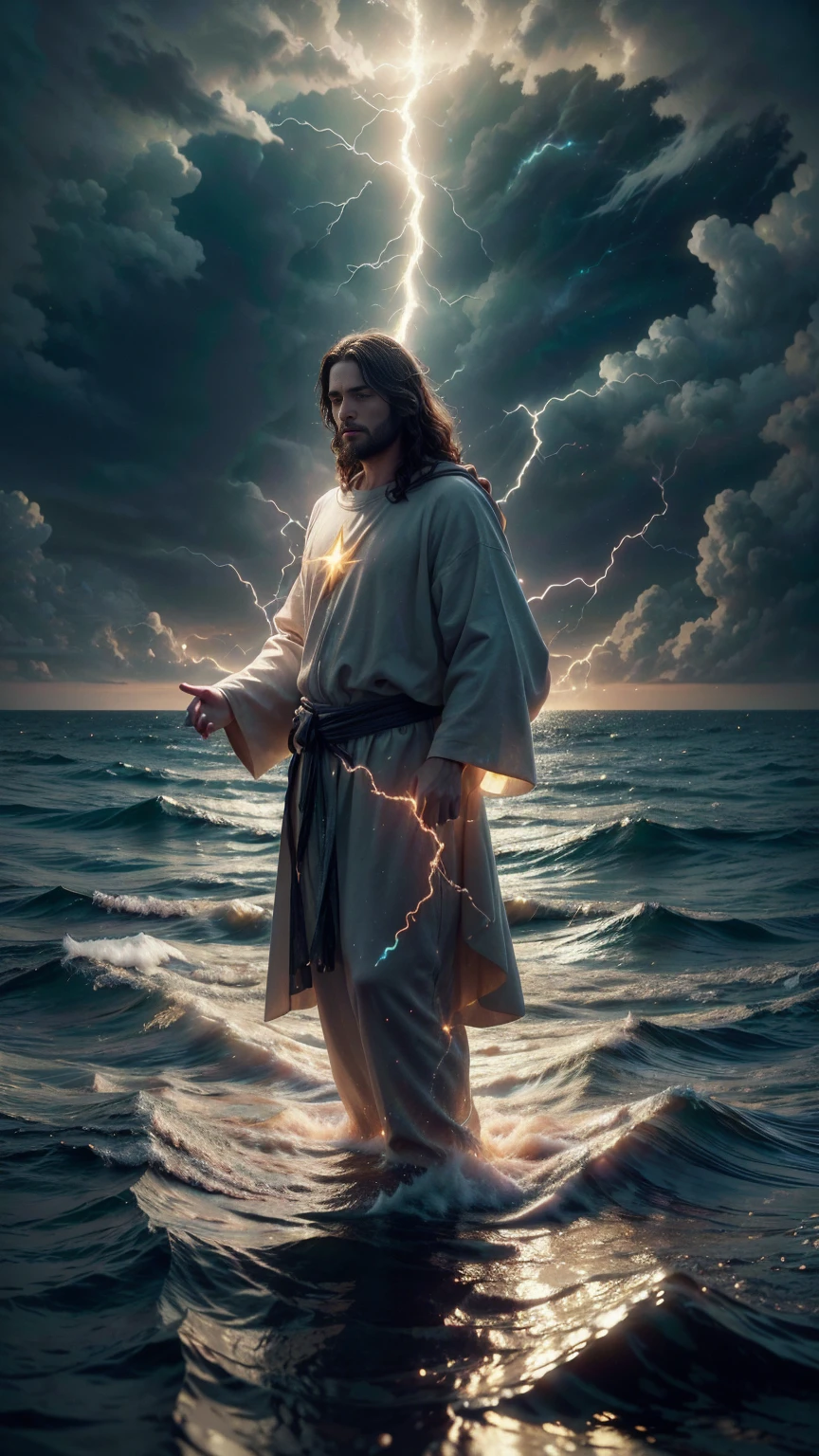 Jesus Christ walking on the water, ocean, furipus waves, striking an imposing pose radiating power and authority, surrounded by crackling lightning representing a superpower, his commanding presence dominating the scene, perfect composition, beautiful, detailed, intricate, insanely detailed octane render, trending on ArtStation, 8K resolution, captivating photorealistic concept art, bathed in soft, natural, volumetric, cinematic lighting, chiaroscuro effects reminiscent of an award