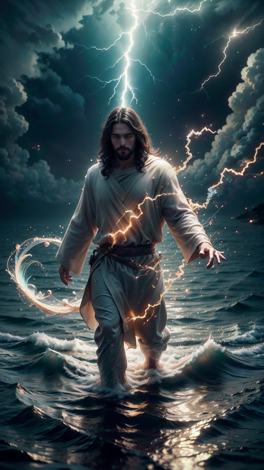 Jesus Christ walking on the water, ocean, furipus waves, striking an imposing pose radiating power and authority, surrounded by crackling lightning representing a superpower, his commanding presence dominating the scene, perfect composition, beautiful, detailed, intricate, insanely detailed octane render, trending on ArtStation, 8K resolution, captivating photorealistic concept art, bathed in soft, natural, volumetric, cinematic lighting, chiaroscuro effects reminiscent of an award