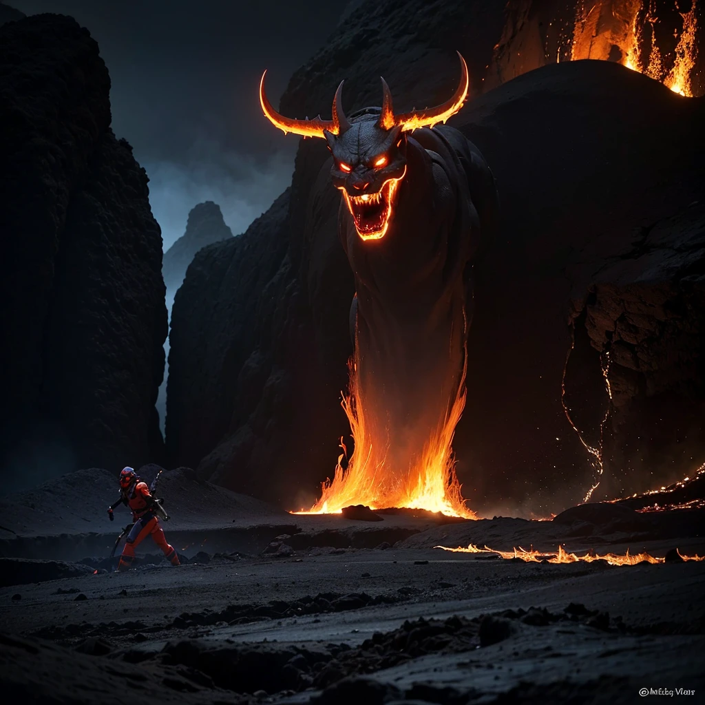 (best quality,4k,8k,highres,masterpiece:1.2),ultra-detailed,realistic,sculptural,dark and fiery,Lava Demon,blazing inferno,ominous presence,giant creature,blackened skin,glowing eyes,fierce expression,sharp claws,long fangs,burning lava flowing from its body,intense heat,smoke and ashes,volcanic rocks,surrounded by flames and magma,destructive power,fiery tendrils,demonic energy,rugged and rough texture,molten lava armor,resembling a mythical creature,emitting a sinister aura,deep red color palette with hints of orange and black,emphasizing the demonic nature of the creature,dramatic lighting with fiery orange and red hues,creating a menacing atmosphere.