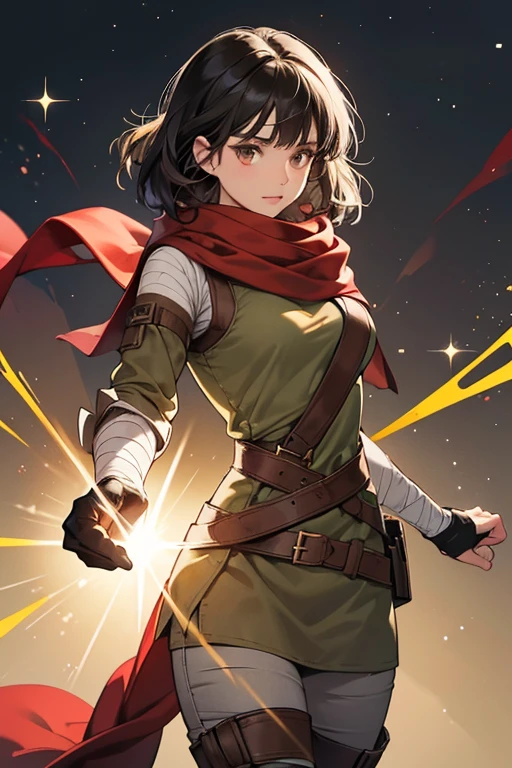 Kiera has light olive skin and short, black hair with thick bangs curved from the left. Kiera has worn a short-sleeved, grayish-brown tunic, a red scarf around her neck, light brown arm sleeves, black fingerless gloves, two belts at the waist, black trousers, and black boots wrapped with light brown bandages. SPARKLE; GLITTER