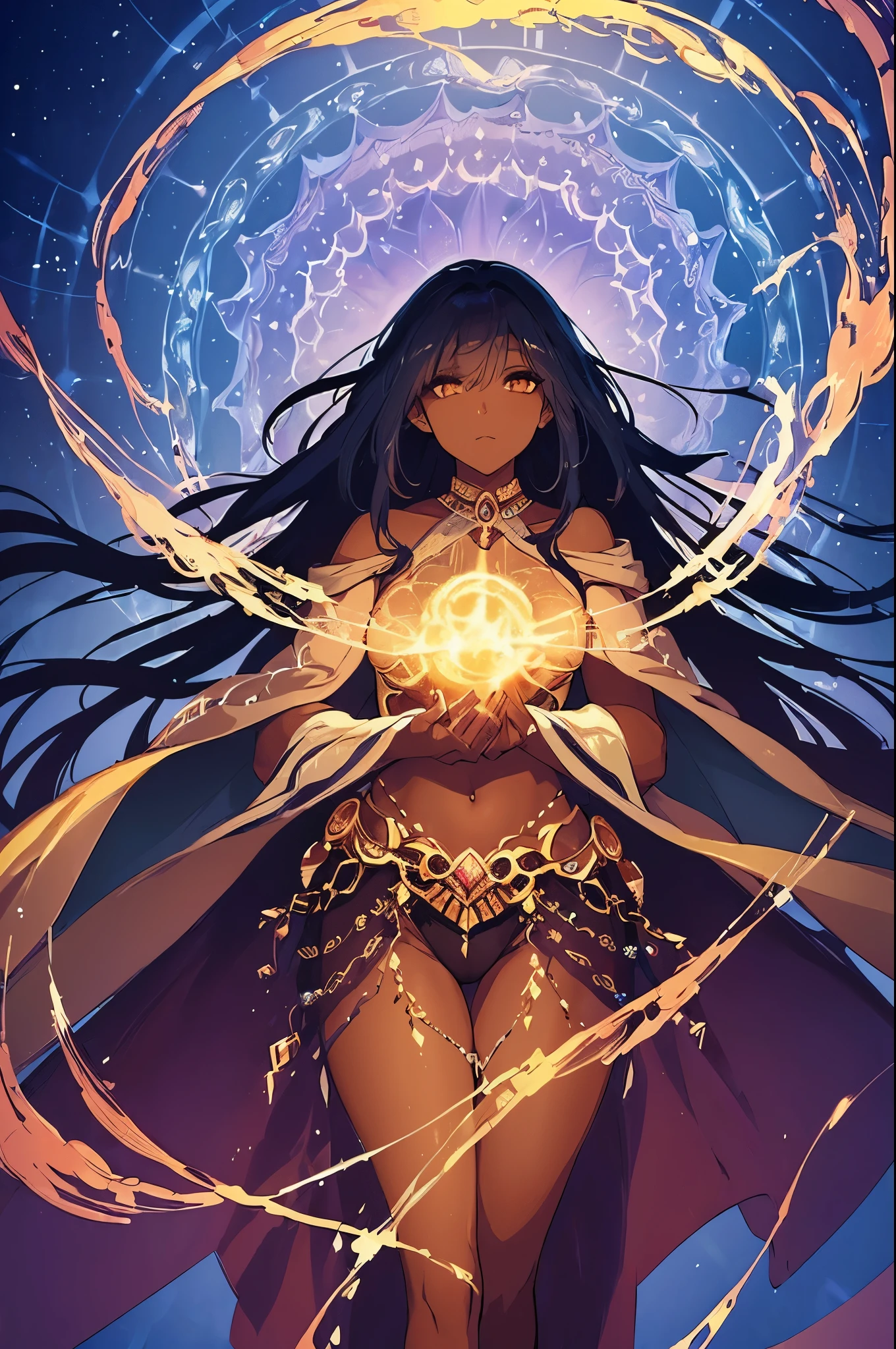 (a girl with a brown skin tone, powerful magician)，
Medium: oil painting,
Additional details: swirling magical aura, flowing robes,
Image quality: (best quality, ultra-detailed),
Art style: fantasy,
Color palette: vibrant and mystical,
Lighting: soft, ethereal glow.