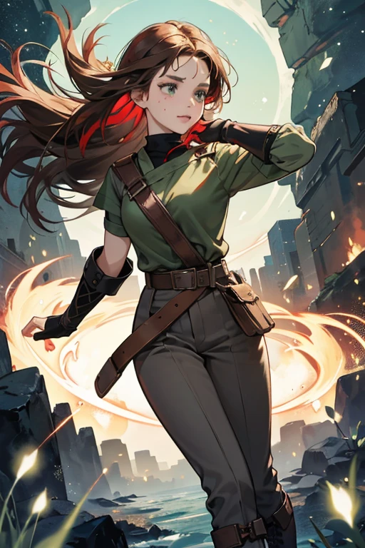 Catalina has pale skin with light brown freckles, green eyes, and red waist-length hair, with both having deep red war paint on their face. Catalina wears a short-sleeved dark brown tunic over a light grey shirt, dark brown arm sleeves, black elbow-length fingerless gloves, a black belt that holds a grey sack, black trousers, and black boots wrapped with dark brown bandages. On her hair is a light blue flower clipped to the side. SPARKLE; GLITTER