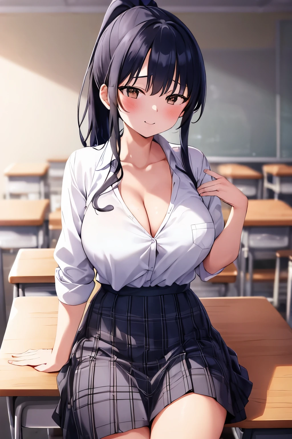 1girl, alone, Anna Yamada, big breasts, medium waist, wide hips, medium thighs, ponytail, black hair, plaid, long hair, alone, brown eyes, blush, bangs, closed mouth, bare shoulders, white shirt, cleavage ,blue skirt, interior, school classroom, sitting at table, legs open, top quality, high resolution, perfect anatomy, perfect hands,