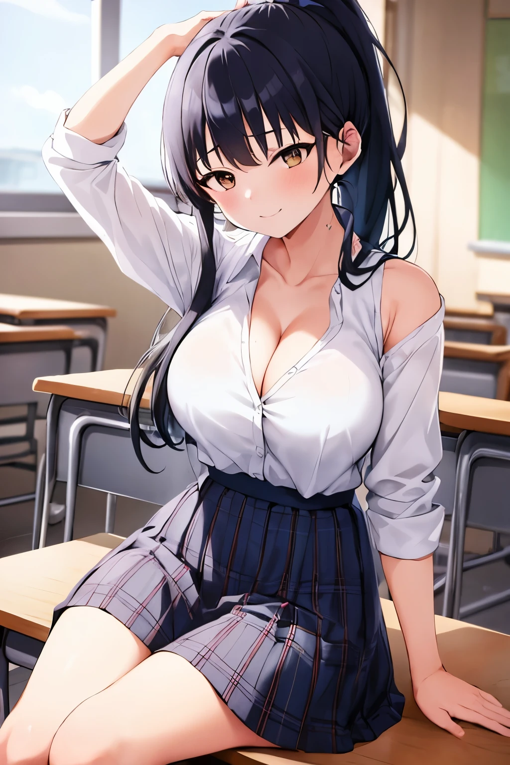 1girl, alone, Anna Yamada, big breasts, medium waist, wide hips, medium thighs, ponytail, black hair, plaid, long hair, alone, brown eyes, blush, bangs, closed mouth, bare shoulders, white shirt, cleavage ,blue skirt, interior, school classroom, sitting at table, legs open, top quality, high resolution, perfect anatomy, perfect hands,