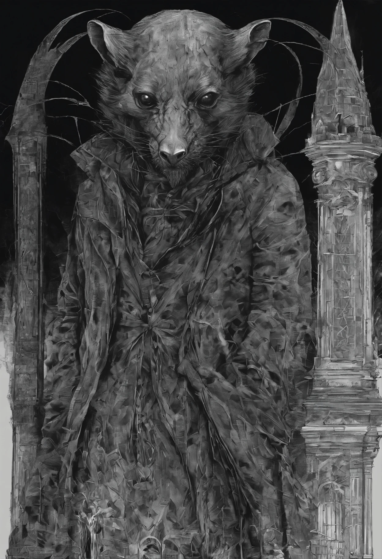 ah high, gaunt, broad-shouldered anthropomorphic rat (Furry). Black head and muzzle. Human eyes, steely gray and shine ominously. Black, hairlong, slicked back and braided into a pigtail. Wears dark, Stylistic, long coat. A sense of gloom and sinister presence is conveyed.