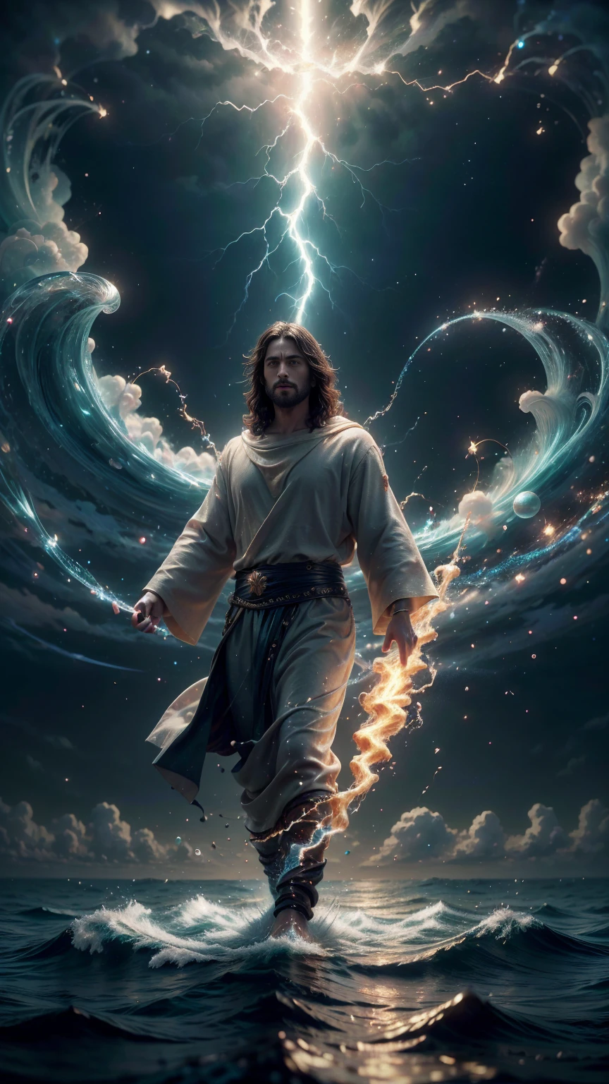 Jesus Christ walking on the water, ocean, furipus waves, striking an imposing pose radiating power and authority, surrounded by crackling lightning representing a superpower, his commanding presence dominating the scene, perfect composition, beautiful, detailed, intricate, insanely detailed octane render, trending on ArtStation, 8K resolution, captivating photorealistic concept art, bathed in soft, natural, volumetric, cinematic lighting, chiaroscuro effects reminiscent of an award