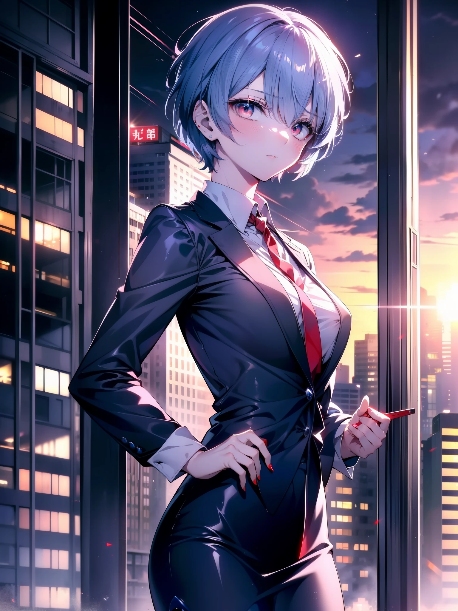 reiayanami, Rei Ayanami, Blue Hair, short hair, (Red eyes:1.5),blush,OL, end, Black suit jacket, Collared jacket, White dress shirt, Collared shirt, Neckline, button, strap, ID card on the neck, Black pencil skirt, Black Pantyhose,Stiletto heels,Business Bags,evening,sunset,whole body,avert your eyes,Embarrassing,blush,
Outdoor rest, city,Destroy a building area (masterpiece:1.2), highest quality, High resolution, unity 8k wallpaper, (shape:0.8), (Fine and beautiful eyes:1.6), Highly detailed face, Perfect lighting, Highly detailed CG, (Perfect hands, Perfect Anatomy),