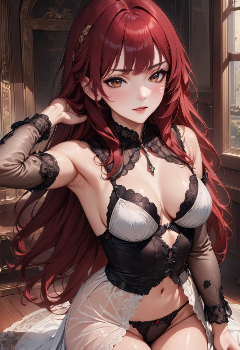 anime style of a lady , thin and pretty lips, intricate detail, extremely detailed dress, with a sharp and cunning face, long wavy hair, wavy bangs, layer bangs down to her shoulders, framing her fair and rosy complexion, topless, natural round breasts, smooth white armpits, lace transparent stocking, casting a warm, comforting presence, gracefully, thigh gap, insanely detailed, masterpiece, best quality, hyper realistic, hyper detailed masterpiece, dynamic angel, awesome quality, detailed face, detailed body, shiny skin, round breasts, natural breasts, medium perfect breasts, seduce face, seduce eyes, sexy pose, Perfect Hands, see-through coat, ancient bra, ancient panties, lace transparent sleeve
