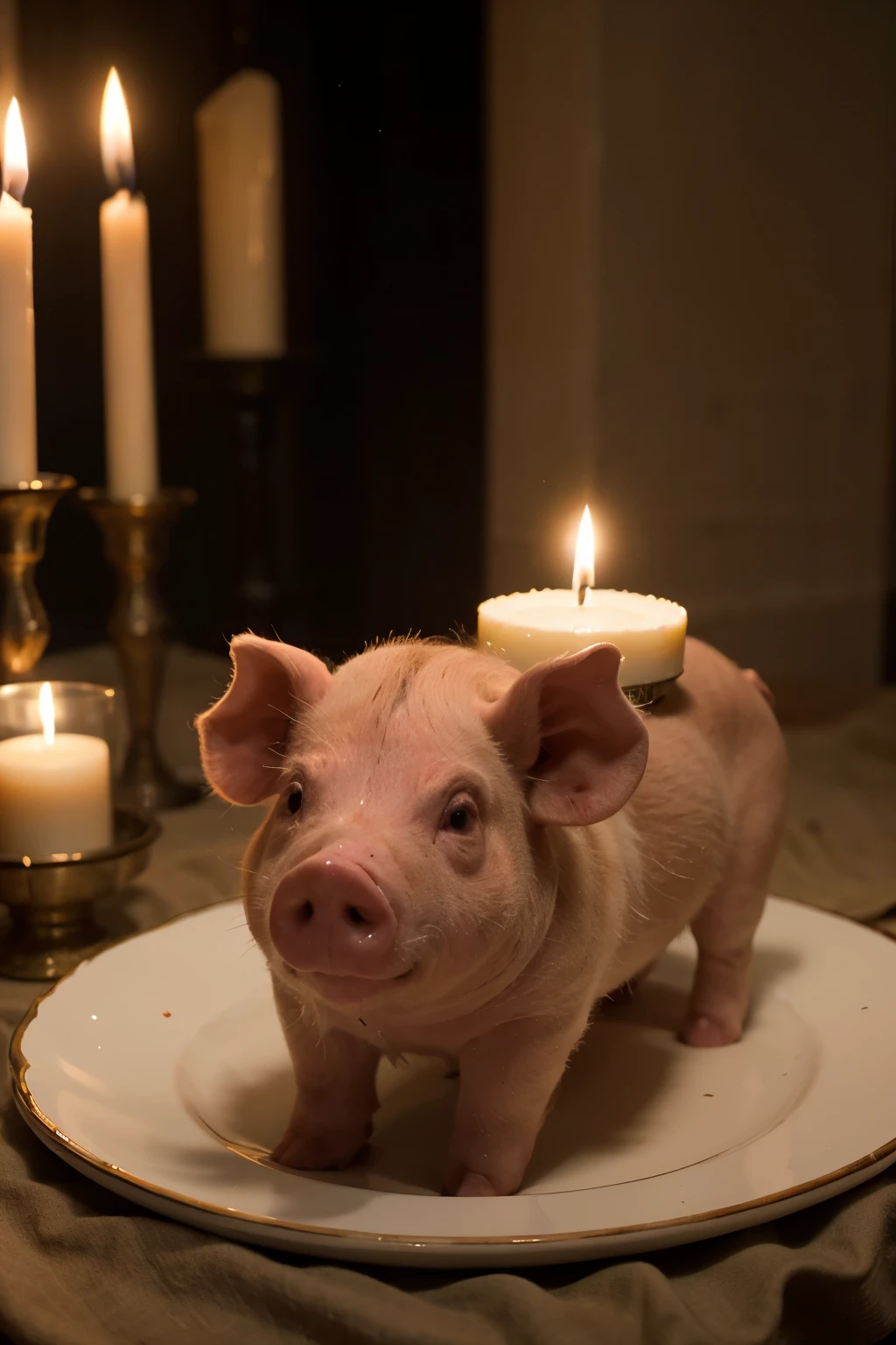 Amateur ultra-realistic photograph of an altar with several candles, a plate with just a severed pig's head with several nails stuck in it. there are several red peppers around and bottles of wine on the table.
