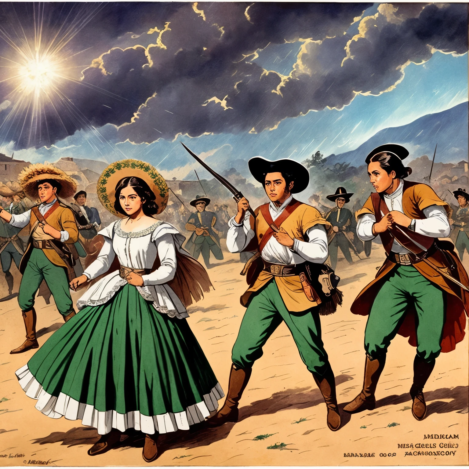 Create a comic strip about Mexico's independence in 1821, vibrant colors bring to life the historic events, intricately detailed illustrations showcase the burning passion for freedom, sharp focus on key moments, best quality depiction of heroes, depth of field adds layers of depth to the narrative, cinematic lighting enhances the emotional intensity of each scene, shiny hair of soldiers and dignitaries, close-ups of expressive eyes, armored dresses of noblewomen, light rays breaking through stormy skies, angry faces of oppressors contrasted with smiles of the triumphant, action shots of battles, detailed backgrounds of Mexican landscapes and architecture. In this masterpiece of comic art