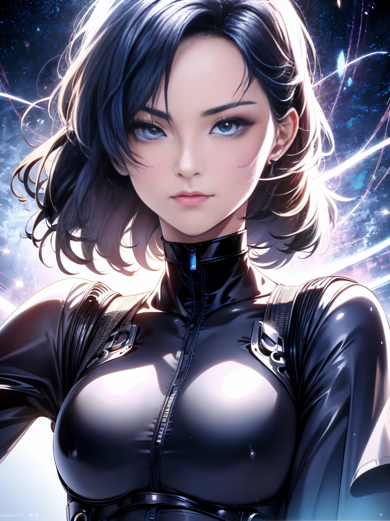 Official Art, unity 8k wallpaper, Very detailed, beautifully、aesthetic, masterpiece, highest quality, Realistic, close, Skin dents, , Interface Headset, A bodysuit worn under clothing, Beautiful Eyes, Detailed face, Thin Hair, Black background, straight, Looking at the audience, Shiny,