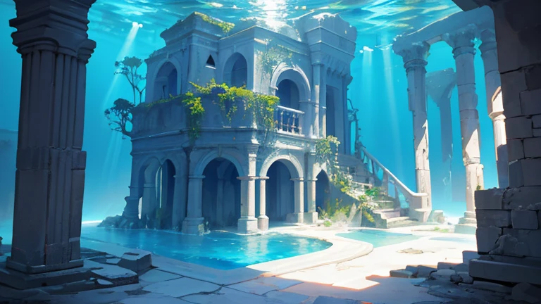Underwater World Atlantis, deep sea, A magnificent reality, (High resolution: 1.4), Speckled sunlight, Cool colors, ancient ruins, A sea-style house with a sense of design, wonderful、can't believe it, A magnificent composition, (Intricate details), (Intricate details, Super detailed: 1.2), Art Station, (masterpiece, highest quality)