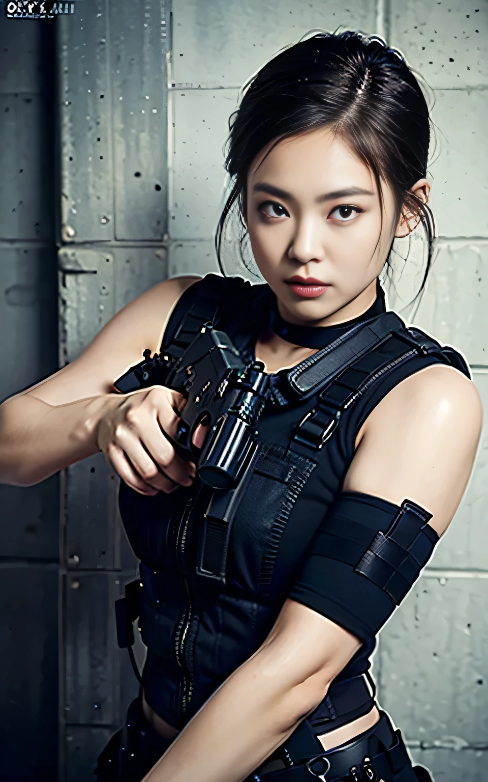 ((Best Quality, 8K, Masterpiece: 1.3)), ((best quality)), photorealistic, photorealism, Photorealistic, high resolution, 1girl aiming with an assault rifle, Combat pose, looking at the camera, (Detailed face), short hair, plump and muscular:0.7, (wearing black rubber suit, tactical vests, military harness, black gloves, high-tech headset), cloths color based on black), revealed thigh, Gun, Fingers are occluded, concrete wall background,