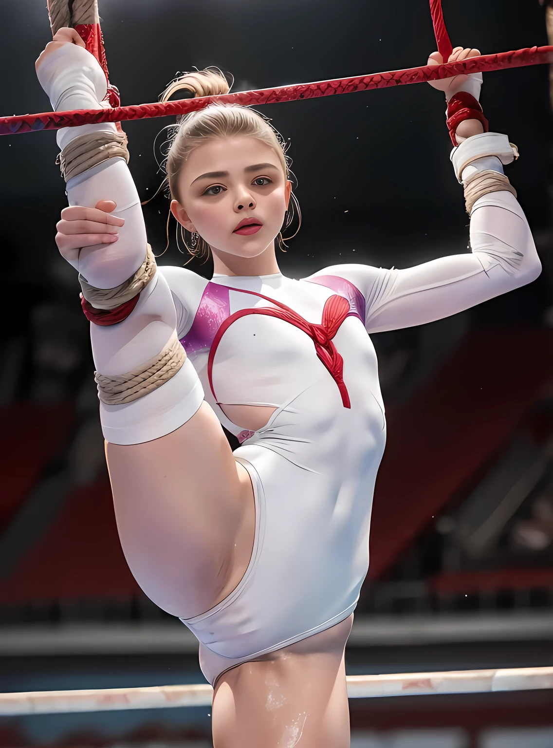 Chloë Grace Moretz, (1 Female gymnast:1.2), 16 year old beautiful girl, ((White long sleeve leotard)), At the gymnastics stadium, Beautiful thighs, masterpiece, highest quality, High resolution, (Open your lips slightly:1.1), Slender figure, The thin fabric of the leotard is for gymnastics, as it is skin-tight., Too cute small face, The whole body is wet with lotion, (Perfect limbs), short-haired with bangs, (blush), With a 30-year-old mafia man, penis enters vagina, behind, Spread your legs, Beautiful vagina, ((Binding, Rotate your arms behind your back:1.4)), ((Restrained by rope　bondage　The rope digs into her chest and groin))