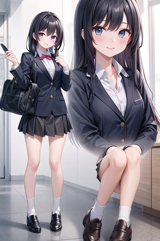 One Girl、AS-Adult、Laughter、(Tsundere)、Perfect Face, High school girl, Thin system, Black Hair, Long Hair, She smiles, She is 20 years old, Medium chest, Black Eye, She wears a uniform, She wears a blazer,she is wearing a skirt, She is wearing leather shoes, She has a school bag, masterpiece, highest quality, Ultra-detailed