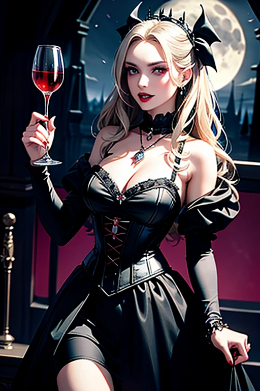 (masterpiece), best quality, expressive eyes, perfect face, noble, vampire lady, gothic corset, gothic skirt, gothic dress, jewelry, pentagram necklace, vampire fangs, holding a goblet, holding a gothic sword, blood, dark magic, horror, seductive, cunning, evil queen, royal, castle backround, night time, full moon