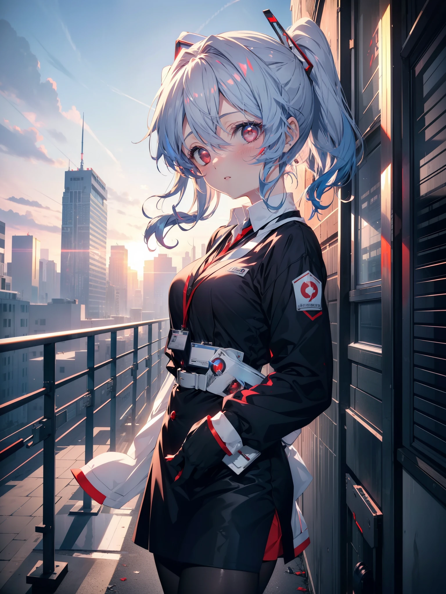 reiayanami, Rei Ayanami, Blue Hair, short hair, (Red eyes:1.5),blush,OL, end, Black suit jacket, Collared jacket, White dress shirt, Collared shirt, Neckline, button, strap, ID card on the neck, Black pencil skirt, Black Pantyhose,Stiletto heels,Business Bags,evening,sunset,whole body,avert your eyes,Embarrassing,blush,
Outdoor rest, city,Destroy a building area (masterpiece:1.2), highest quality, High resolution, unity 8k wallpaper, (shape:0.8), (Fine and beautiful eyes:1.6), Highly detailed face, Perfect lighting, Highly detailed CG, (Perfect hands, Perfect Anatomy),
