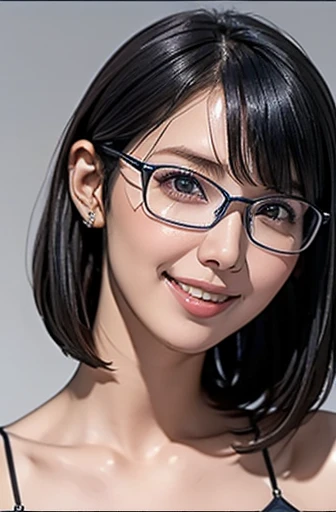 (masterpiece), (8k, best quality, high resolution), (ultra-detailed, realistic), (anatomically correct),
((face close-up)), (Standing), (No background),
(1woman), (looking at viewer),
(A Japanese woman, 30 years old and 155cm tall.),
(black hair), (straight hair), (short hair style), (bob cut), (hair behind ears),
(wear glasses), ((black cell frame glasses)),
((Wear a navy blue spaghetti strap dress)), (Mini length dress with simple design),
(Create a detailed image of the eye),
(Her impression is pure, clean and kind.),
((A captivating smile, just showing a few teeth.)),