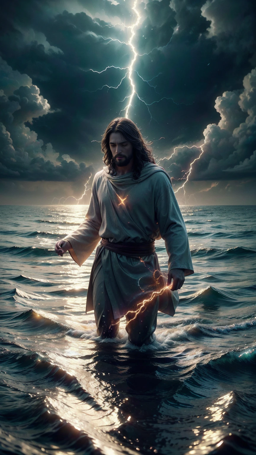 Jesus Christ walking on the water, ocean, furipus waves, striking an imposing pose radiating power and authority, surrounded by crackling lightning representing a superpower, his commanding presence dominating the scene, perfect composition, beautiful, detailed, intricate, insanely detailed octane render, trending on ArtStation, 8K resolution, captivating photorealistic concept art, bathed in soft, natural, volumetric, cinematic lighting, chiaroscuro effects reminiscent of an award