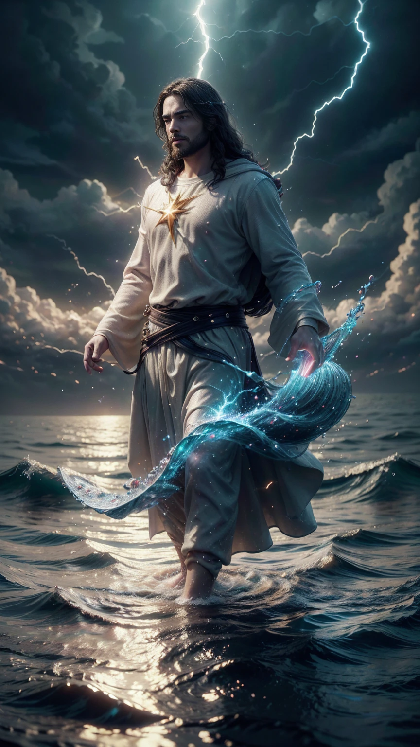 Jesus Christ walking on the water, ocean, furipus waves, striking an imposing pose radiating power and authority, surrounded by crackling lightning representing a superpower, his commanding presence dominating the scene, perfect composition, beautiful, detailed, intricate, insanely detailed octane render, trending on ArtStation, 8K resolution, captivating photorealistic concept art, bathed in soft, natural, volumetric, cinematic lighting, chiaroscuro effects reminiscent of an award