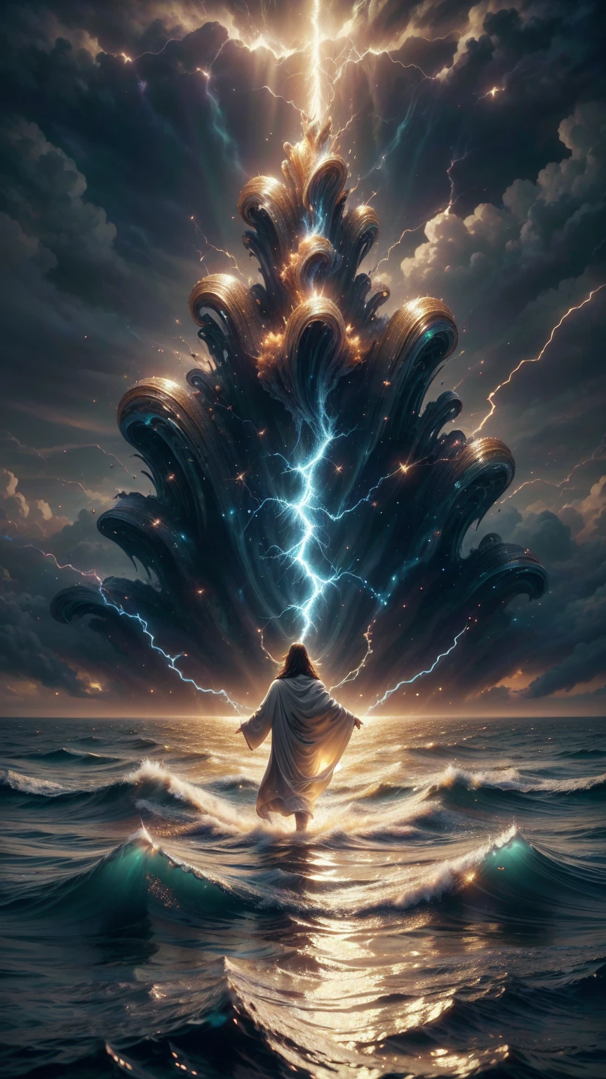 Jesus Christ walking on the water, ocean, furipus waves, striking an imposing pose radiating power and authority, surrounded by crackling lightning representing a superpower, his commanding presence dominating the scene, perfect composition, beautiful, detailed, intricate, insanely detailed octane render, trending on ArtStation, 8K resolution, captivating photorealistic concept art, bathed in soft, natural, volumetric, cinematic lighting, chiaroscuro effects reminiscent of an award