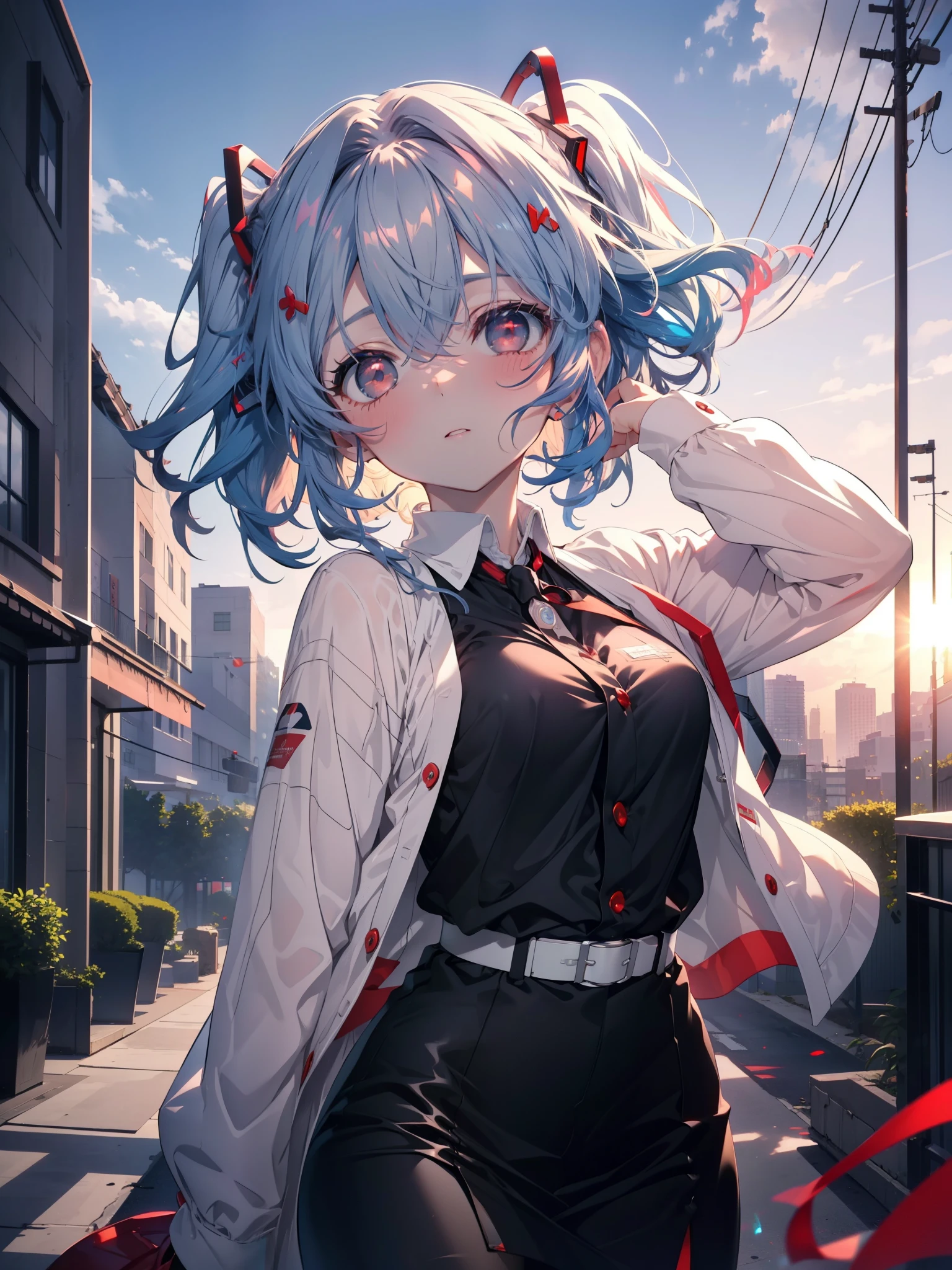 reiayanami, Rei Ayanami, Blue Hair, short hair, (Red eyes:1.5),blush,OL, end, Black suit jacket, Collared jacket, White dress shirt, Collared shirt, Neckline, button, strap, ID card on the neck, Black pencil skirt, Black Pantyhose,Stiletto heels,Business Bags,evening,sunset,whole body,avert your eyes,Embarrassing,blush,
Outdoor rest, city,Destroy a building area (masterpiece:1.2), highest quality, High resolution, unity 8k wallpaper, (shape:0.8), (Fine and beautiful eyes:1.6), Highly detailed face, Perfect lighting, Highly detailed CG, (Perfect hands, Perfect Anatomy),