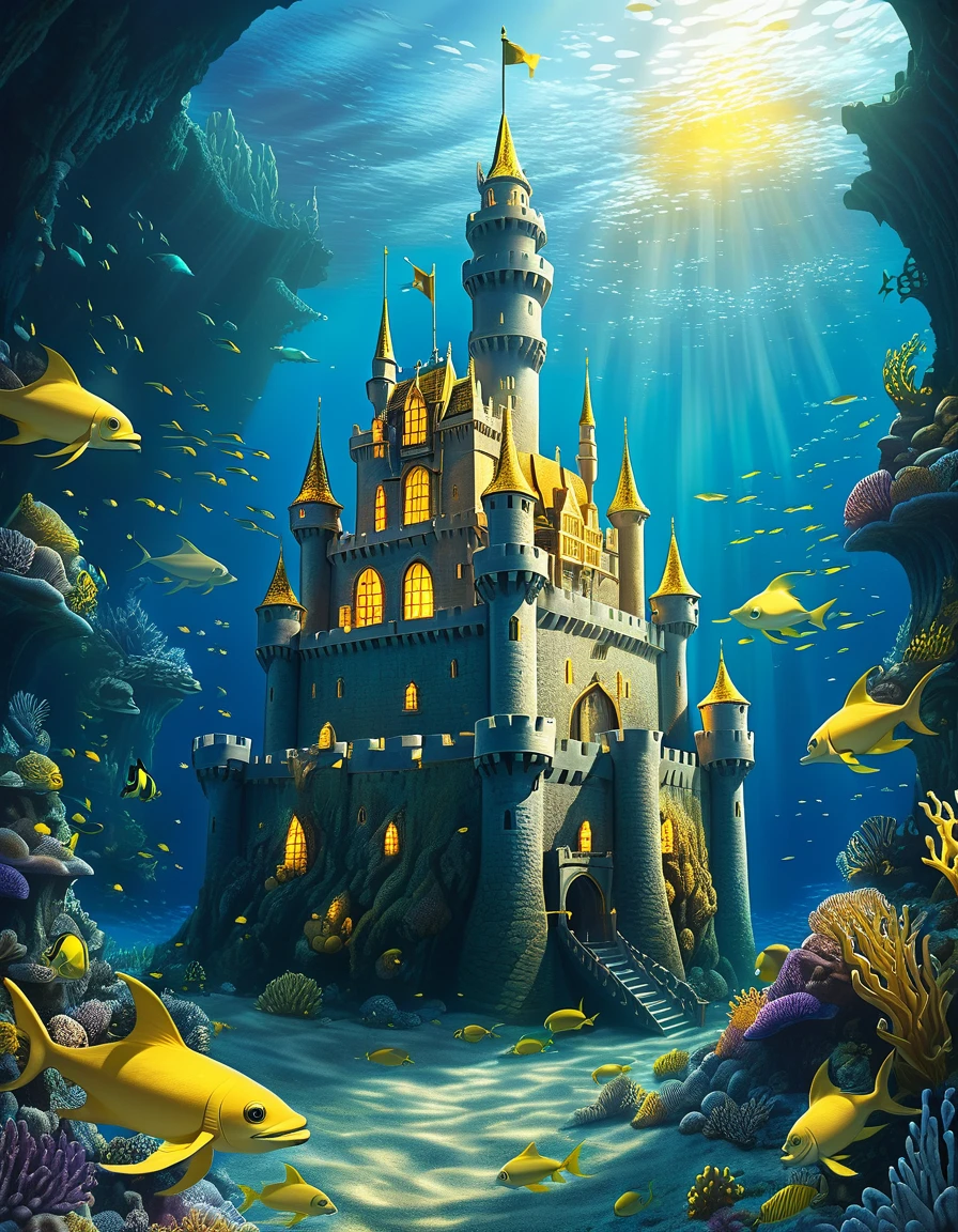 A castle on the bottom of the sea, many sea creature pass it. The castle itself has a bright golden shine from inside. many horseman ready to march from the inside