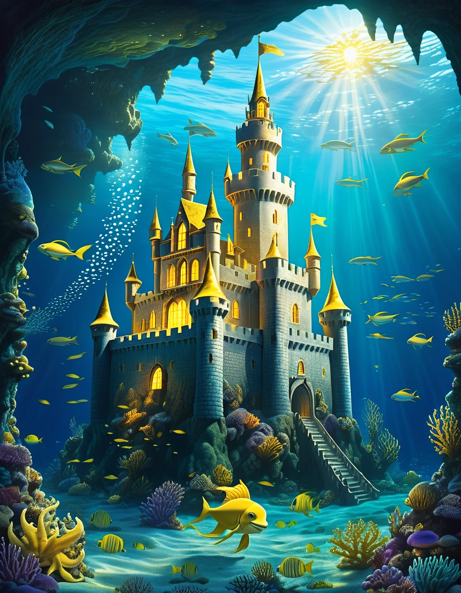 A castle on the bottom of the sea, many sea creature pass it. The castle itself has a bright golden shine from inside. many horseman ready to march from the inside