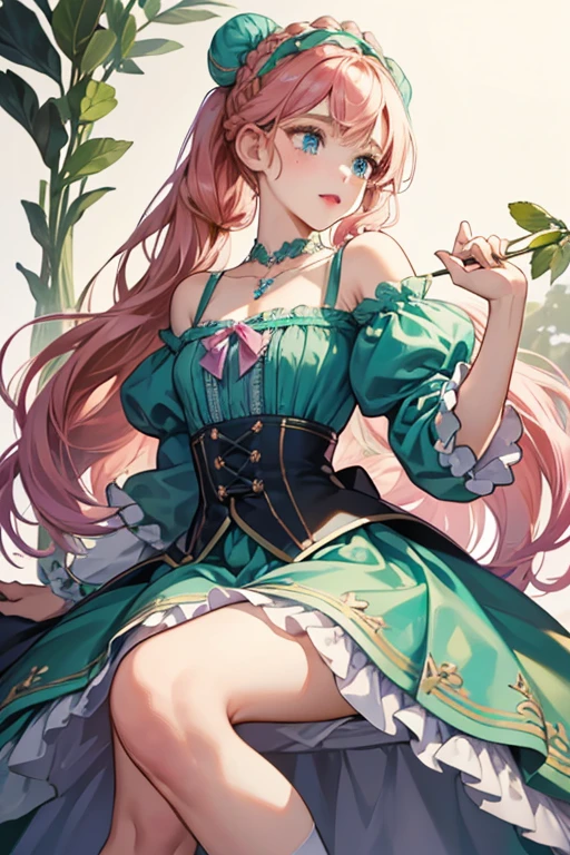 Anna has a slender build and fair skin. She has turquoise-blue eyes, rosy cheeks, thin pink lips, a small nose, long, strawberry-blonde hair, mostly tied into two braided pigtails, bangs down her forehead, and a light dusting of freckles. Anna wears a black sweetheart bodice with dark green off-the-shoulder straps and rose, teal, blue, and purple prints on it, and has greenish-gold trim, a black satin-laced necklace with a bronze pendant of Arendelle's symbol, an olive drab pleated skirt with sashes consisting of the following: asparagus centers with pink, crimson, dark olive green, olive drab, and blueprints on it between cream sides and dark green pleats, both cream petticoat and frilly knee-length pantalettes, white stockings, and a pair of black ballet shoes. She wears her hair in a bun, and a part of her hair is braided and used as a headband, a green comb-shaped barrette with a couple of satin ribbons green and chartreuse attached to the back of her hair, and dark pink lipstick. She also wears a teal cape with a cyan bow as a clasp for the cape, a sapphire oval-cut hem with an azure line, blue dots on each cut, and small sapphire dots all around the cape. SPARKLE; GLITTER