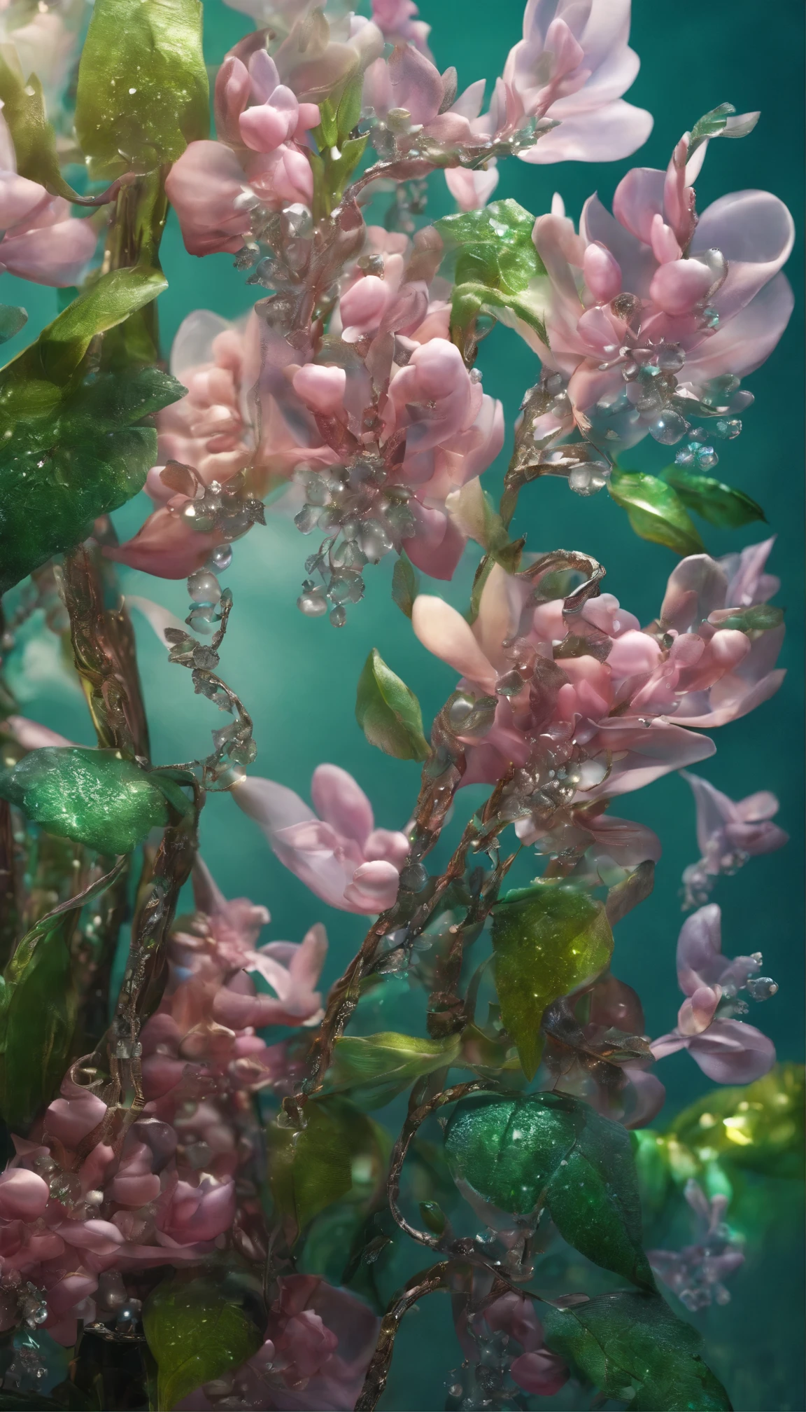 The background is greenblue,All expressed with jewels, the arrival of spring, various beautiful wisteria flowers
, angles looking up from below, various jewels falling from the sky, wonderful and beautiful superb view, slightly hazy, fantastic, high resolution, 8K, (best quality, highres, realistic:1.37), shiny metallic flowers, intricate and delicate petals, reflective surfaces, vibrant colors, intricate details, close-up view, surreal garden, surreal beauty, dreamy atmosphere, fine art, abstract botanicals, metallic sculpture, contrasting textures, ethereal glow