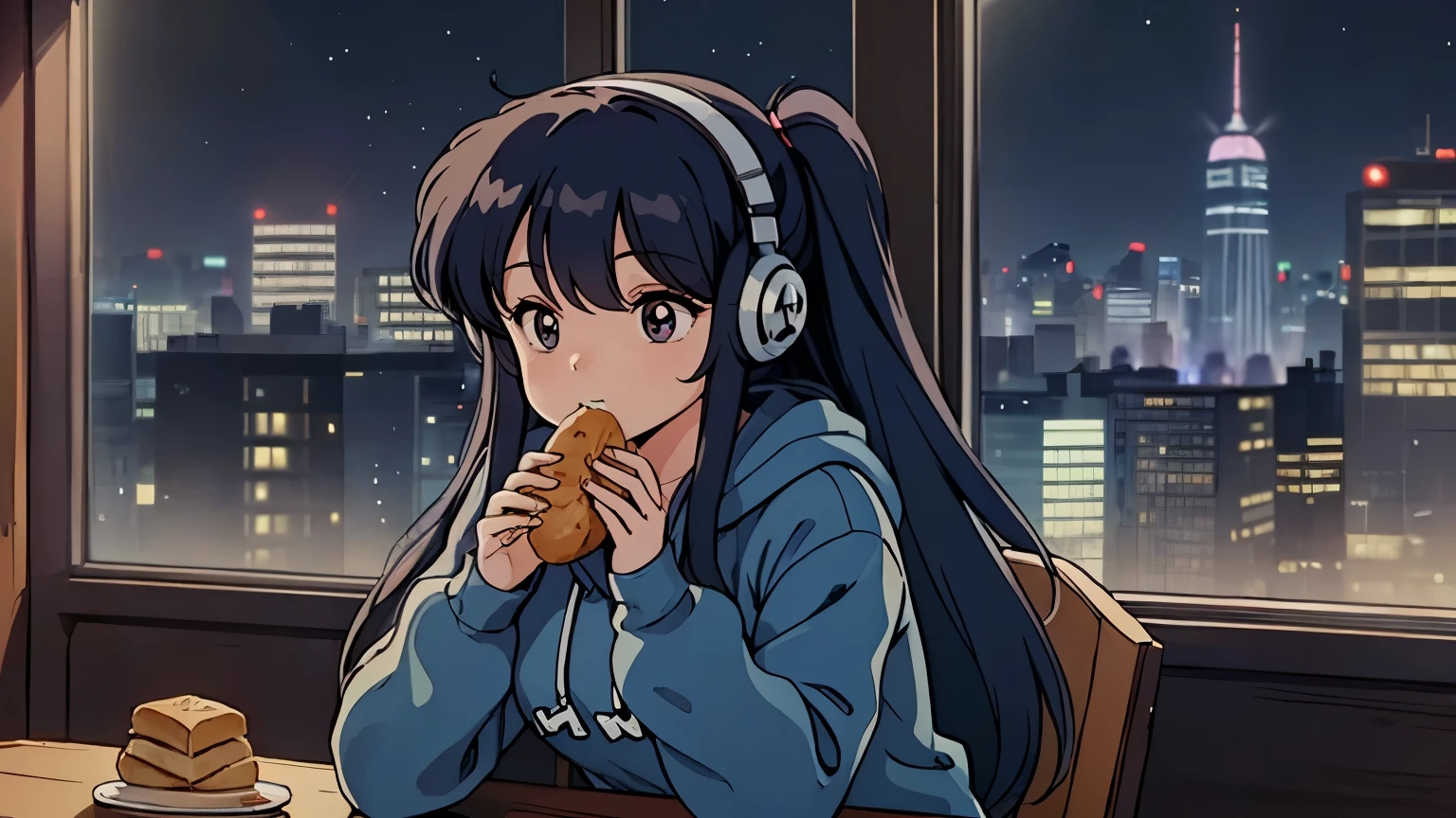 Anime,(80s anime),(Retro,(masterpiece:1.2),(Best quality:1.2), Ultra detailed,,best quality, insanely detailed, beautiful,extremely detailed , 8k),(perfect eyes,perfect hands,ultra-detailed eyes,perfect fingers),(A girl wearing headphones, a blue hoodie and blue long pants is eating bread),(a girl doesn't look this way),(long hair),(a girl only),(headphone),(You can see the city pop-style night view from the window)
