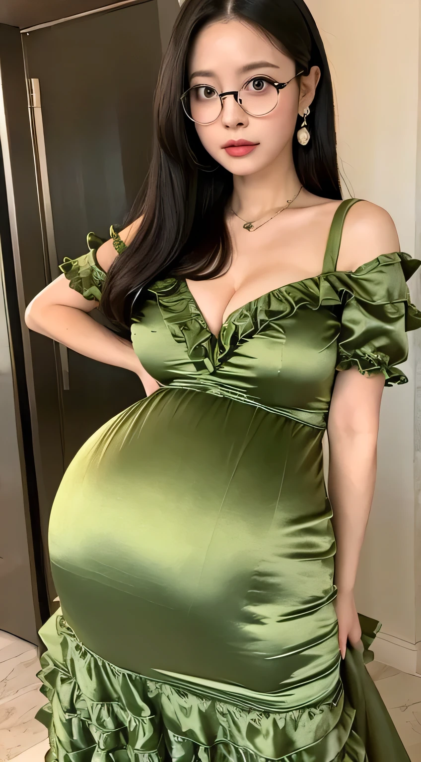 Boa_hancock, huge_breasts , best quality, ruffles_satin_dress , olive_satin_dress , big_ass , pregnant , wearing glasses , 